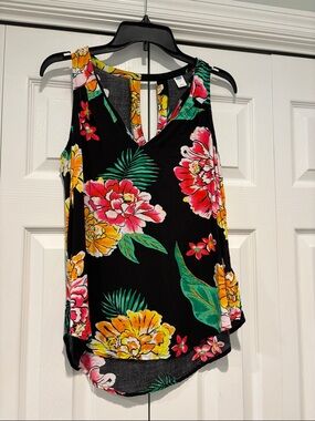 Old Navy Black Floral V-Neck Tank with Pink & Yellow Blooms